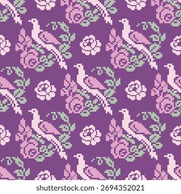 Geometric seamless pattern of birds and flowers. Designed for wallpaper, background, decoration, fabric, clothing.