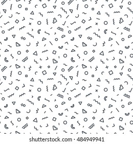 Geometric seamless pattern black color consisting of stroke geometric shapes on white background for use on stickers, banners, cards. Geometric pattern hipster memphis style. Vector Illustration