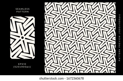Geometric seamless pattern. Black design on light background. Trendy textile, fabric, wrapping. Modern stylish abstract texture. Vector illustration.