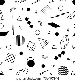 Geometric Seamless Pattern of Black Figures on White Backdrop. Continued Monochrome Background in Memphis Style.