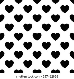 Geometric seamless pattern with black hearts on the white background. 