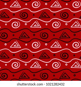 Geometric seamless pattern. Black and white elements on red background. Design for textile and wallpapers 