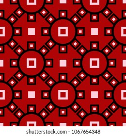 Geometric seamless pattern. Black and white elements on red background. Design for textile and wallpapers 