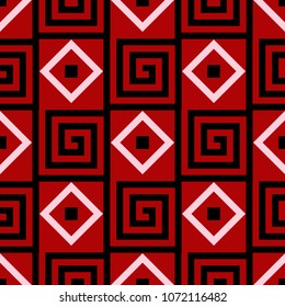 Geometric seamless pattern. Black and white elements on red background. Design for textile and wallpapers 