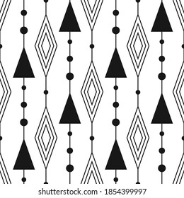 Patrón geométrico sin soldadura. Fondo abstracto en blanco y negro con círculos y triángulos. Textura repetitiva. Formas geométricas de ilustración vectorial. Ornamento moderno. Diseñar textiles, papel, tela.