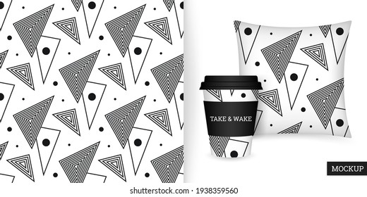 Geometric seamless pattern. Black and white geometric background with triangles and circles. Monochrome repeating texture. Vector illustration. Modern ornament. Design fabric, paper, wallpaper. Mockup