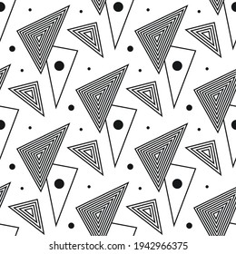 Patrón geométrico sin soldadura. Fondo geométrico en blanco y negro con triángulos y círculos. Textura repetitiva monocroma. Ilustración vectorial. Ornamento moderno. Tela de diseño, papel, papel pintado.