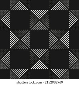 Geometric seamless pattern with black and white squares, rhombuses, grid, lattice, tiles, dots. Vector abstract monochrome graphic texture. Simple minimal background. Modern repeat decorative design