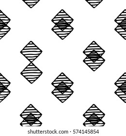 Geometric seamless pattern. Black and white. Doodle ink. Diamonds, rectangle, square.
