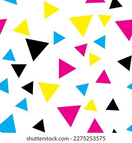 Geometric seamless pattern of black, yellow, green, purple triangles for textile, paper and other surfaces