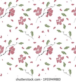 Geometric seamless pattern with blooming sakura. Sakura with flying petals. Delicate illustration in flat style