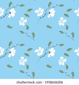 Geometric seamless pattern with blooming sakura. Sakura with flying petals. Delicate illustration in flat style