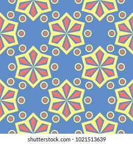 Geometric seamless pattern. Blue background with red and yellow design for wallpapers, textile and fabrics