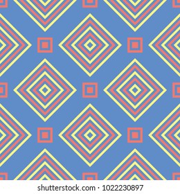 Geometric seamless pattern. Blue background with red and yellow design for wallpapers, textile and fabrics