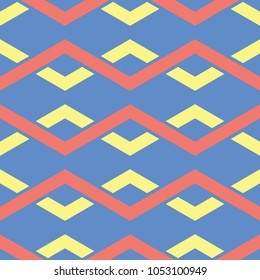 Geometric seamless pattern. Blue background with red and yellow design for wallpapers, textile and fabrics
