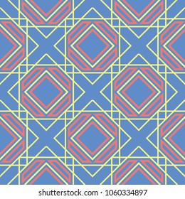 Geometric seamless pattern. Blue background with red and yellow design for wallpapers, textile and fabrics
