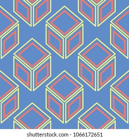 Geometric seamless pattern. Blue background with red and yellow design for wallpapers, textile and fabrics
