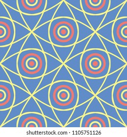 Geometric seamless pattern. Blue background with red and yellow design for wallpapers, textile and fabrics
