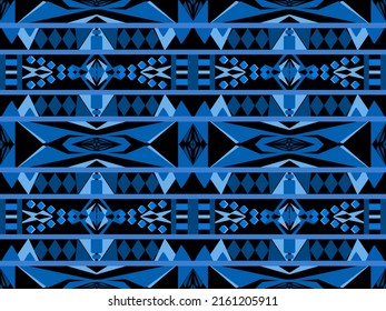 Geometric Seamless Pattern, Blue Background, Ikat, Boho, Aztec, Folk, Motif, Gypsy, Arabic, Indian Style, Fabric Pattern, Batak, Tribal pattern, Ethnic Textile, Modern Cloth Pattern Design, Wallpaper