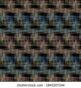 Patrón geométrico sin soldadura en azul, negro, rosa y amarillo con efecto de burlap, tejido, lino.  Para imprimir sobre cubiertas, tejidos, embalajes, papel pintado, textiles.