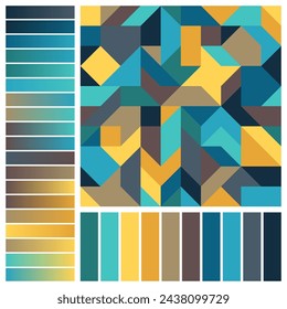 Patrón geométrico sin costuras con muestras de color azul, marrón, amarillo y degradados. Fondo gráfico de figuras simples con muestras de color.