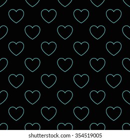 Geometric seamless pattern with blue glowing hearts on the black background. 

