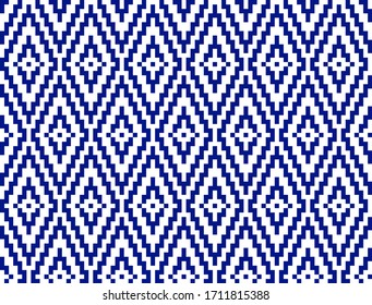 Patrón geométrico sin fisuras del rhombus de arte en píxeles azules sobre fondo blanco. Patrón de vector de diamante abstracto. Simple ilustración vectorial. Diseño geométrico de zigzag para tela, papel pintado, textil