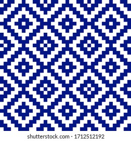 Geometric seamless pattern from blue pixel art rhombus on white background. Abstract diamond vector pattern. Simple vector illustration. Geometric zigzag design for fabric, wallpaper, textile