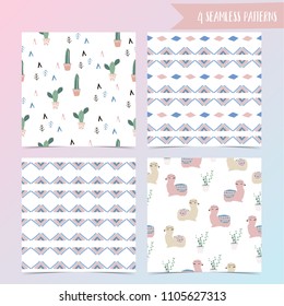 Geometric seamless pattern in boho style with llama and cactus