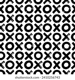 Geometric seamless pattern with bold brush drawn crosses and circles. X and o letters, xoxo phrase 'kisses and hugs'. Hand drawn seamless pattern of X-O children game. Geometric grunge background.