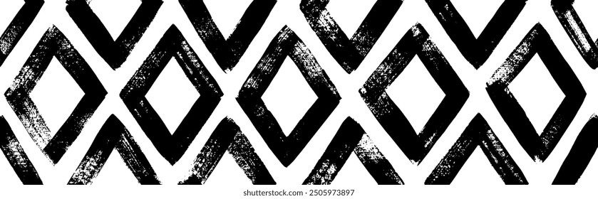 Geometric seamless pattern with bold rhombuses. Brush drawn thick geometric shapes with rough texture. Simple chevron texture, mosaic and structure motif. Ethnic tribal style seamless pattern.