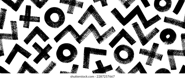 Geometric seamless pattern with bold zigzag lines, circles and crosses. Seamless horizontal banner with brush drawn vector grunge shapes. Triangle and zigzag motif. Geometric shapes with thick strokes