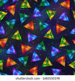 Geometric Seamless Pattern of Bright Colorful Triangles on Stylized Night Sky. Endless Abstract Cosmic Background  of Stylization of Triangular Gemstones for Universal Application.