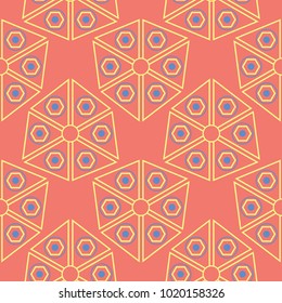 Geometric seamless pattern. Bright red background with blue and yellow design for wallpapers, textile and fabrics