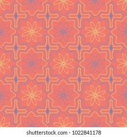 Geometric seamless pattern. Bright red background with blue and yellow design for wallpapers, textile and fabrics