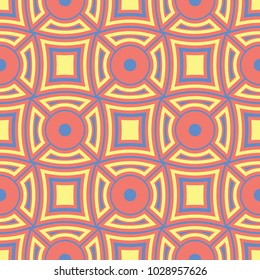 Geometric seamless pattern. Bright red background with blue and yellow design for wallpapers, textile and fabrics