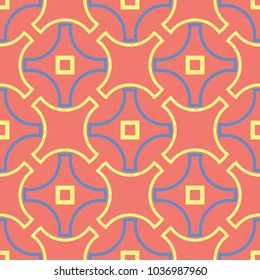Geometric seamless pattern. Bright red background with blue and yellow design for wallpapers, textile and fabrics