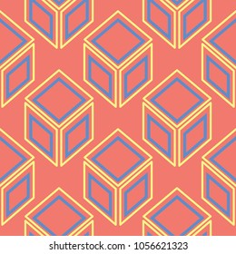 Geometric seamless pattern. Bright red background with blue and yellow design for wallpapers, textile and fabrics