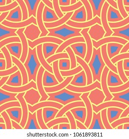 Geometric seamless pattern. Bright red background with blue and yellow design for wallpapers, textile and fabrics