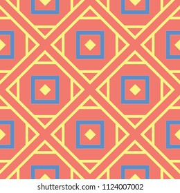 Geometric seamless pattern. Bright red background with blue and yellow design for wallpapers, textile and fabrics