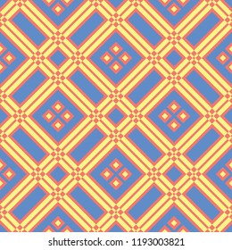 Geometric seamless pattern. Bright red background with blue and yellow design for wallpapers, textile and fabrics