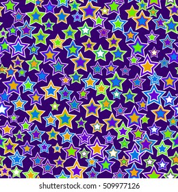 Geometric seamless pattern. Bright stars of various sizes and colors, arranged on violet background. Useful as design element for texture and artistic compositions.