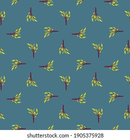 Geometric seamless pattern with bright yellow leaf branches shapes. Blue pastel background. Stock illustration. Vector design for textile, fabric, giftwrap, wallpapers.