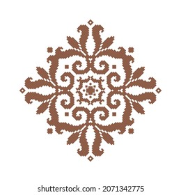 Geometric seamless pattern of brown coffee squares in a flat style ornament mandala in the form of pixels. Embroidery dotted schemes. Textile geo prints.