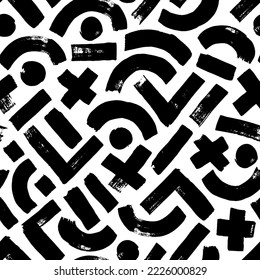 Geometric seamless pattern with brush drawn shapes. Grunge straight brush strokes, triangles, circles, crosses. Messy doodles, bold curvy lines ornament. Modern stylish texture with geometric lines.