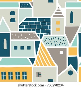 Geometric seamless pattern with buildings. Simple flat houses. Minimalist cartoon illustration. Stylized city. Hand drawn. 