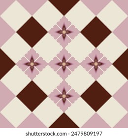 Geometric seamless pattern built from pink lowers, dark red squares, pink squares and light brown squares for gift wrap, textile, books, cards, papers, craft supplies