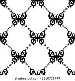 Geometric seamless pattern with butterfly silhouettes and chains. Black objects on a white background. Vector design.
