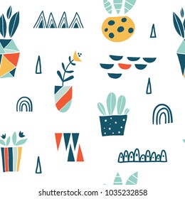 Geometric seamless pattern with cactus and flowers. Cute simple background with flower pots, doodles and triangles. Vector graphic design for paper, textile print, page fill.