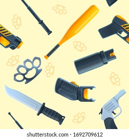 geometric seamless pattern with cartoon weapon icons for self defense, vector illustration